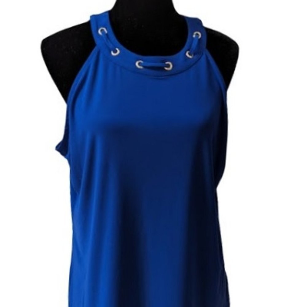 Anne Klein Surf the Web Royal Blue Grommet Neckline Sleeveless Knit Top L NWT